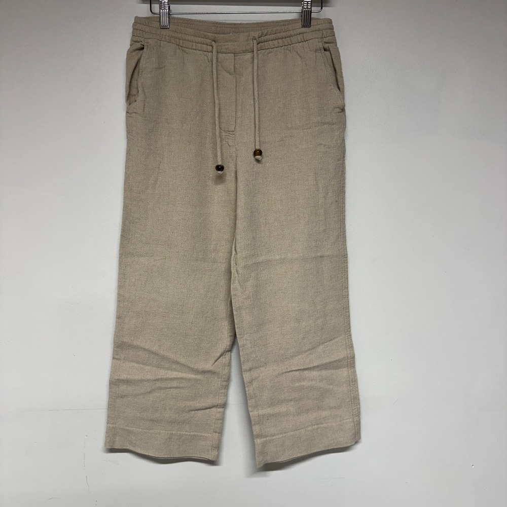 Zara Wide Leg Pants Womens M Beige Cotton Linen Cropped Elastic Waist Boho